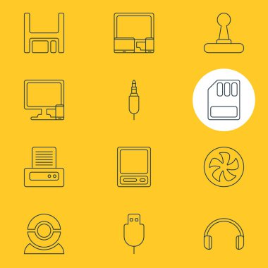 12 bilgisayar simgeleri çizgi stili vektör Illustration. Kulaklıklar, Internet tartışırken, fan ve diğer simge öğeleri düzenlenebilir kümesi.
