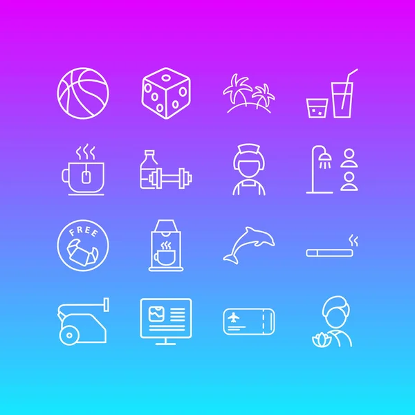 Ilustración vectorial de 16 iconos de vacaciones estilo de línea. Conjunto editable de bebidas, aspiradora, mucama de hotel y otros elementos del icono . — Vector de stock