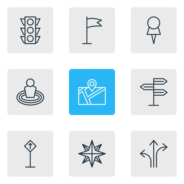 Ilustración vectorial de 9 iconos de ubicación estilo de línea. Conjunto editable de letreros, navegación, brújula y otros elementos del icono . — Archivo Imágenes Vectoriales