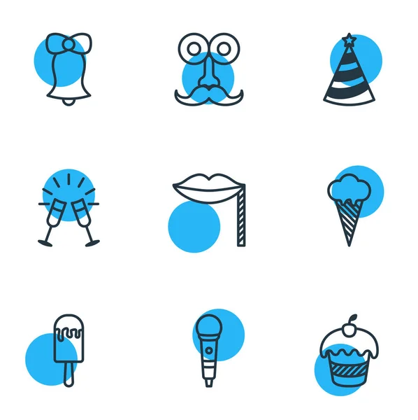 Ilustración vectorial de 9 iconos de fiesta estilo de línea. Conjunto editable de micrófono, magdalena, bigote y otros elementos del icono . — Archivo Imágenes Vectoriales