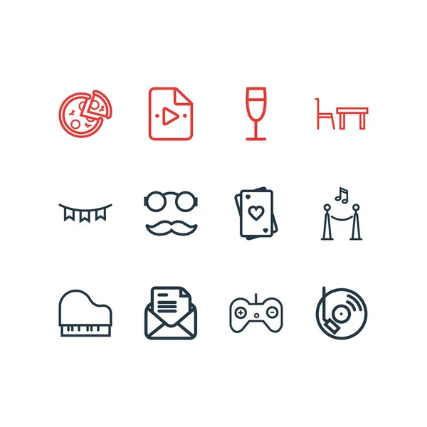 Illustrazione vettoriale di 12 icone evento stile linea. Set modificabile di hipster, night club, controller di gioco e altri elementi icona . — Vettoriale Stock