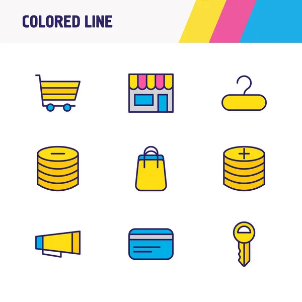 Illustration de 9 icônes de trading ligne colorée. Ensemble modifiable de clés, de boutique, de panier et d'autres éléments d'icône . — Photo