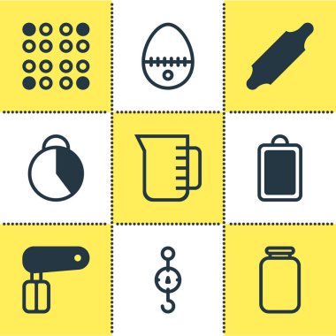 9 restoran simgeler vektör Illustration. Düzenlenebilir dizi el mikseri, yumurta bölünmüş, ölçekler simgesi öğeleri.