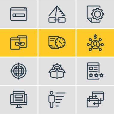 12 simgeleri çizgi stili pazarlama vektör Illustration. Düzenlenebilir küme bağlantı piramit, hizmet paketleri, coğrafi hedefleme ve diğer simge öğeleri.