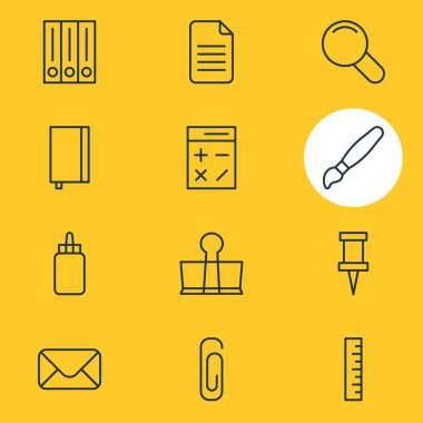 12 ileti örneği simgeler çizgi stili vektör Illustration. Büyüteç'i, hesap makinesi, Kütüphane ve diğer simge öğeleri düzenlenebilir kümesi.