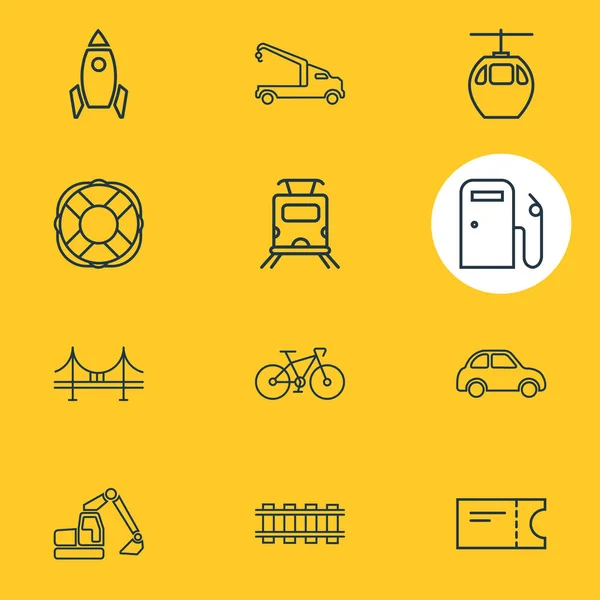Vektoros illusztráció 12 közlekedési ikonok vonalstílust. Szerkeszthető csoportja, benzinkút, kerékpár, vasúti és más ikon elemek. — Stock Vector