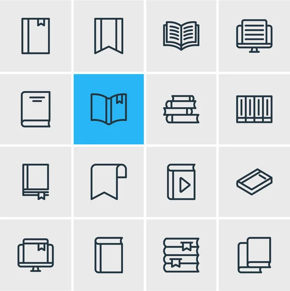Vektoros illusztráció 16 könyv ikonok vonalstílust. Szerkeszthető sor tanulmány, szótár, tankönyv és egyéb ikon. — Stock Vector