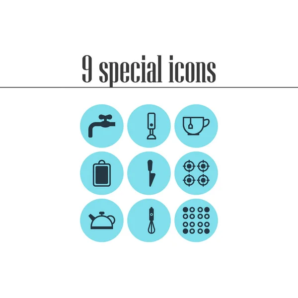 Ilustración vectorial de 9 iconos de utensilios de cocina. Conjunto editable de estufa de gas, obras de agua, licuadora y otros elementos del icono . — Vector de stock