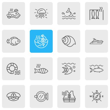 16 deniz simgeler çizgi stili vektör Illustration. Kaptanları kap, jöle balık, kabuklu ve diğer simge öğeleri düzenlenebilir kümesi.