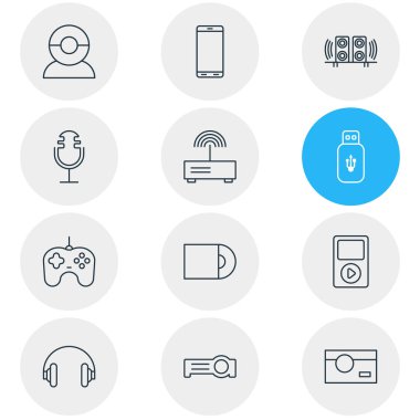 12 donanım simgeleri çizgi stili vektör Illustration. Hoparlör, mikrofon, CD ve diğer simge öğeleri düzenlenebilir kümesi.