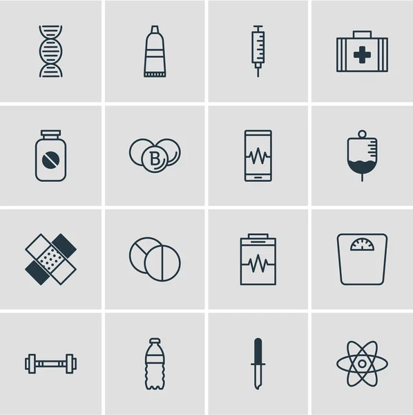 Ilustração de 16 ícones de medicina estilo linha. Conjunto editável de sinais de cardiograma, seringa, elementos de ícone de bandagem . — Fotografia de Stock