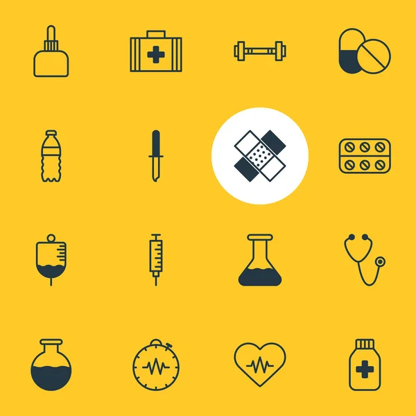 Иллюстрация 16 стилей линий медицинских икон. Набор стетоскопов, бинтов, урн с иконами . — стоковое фото