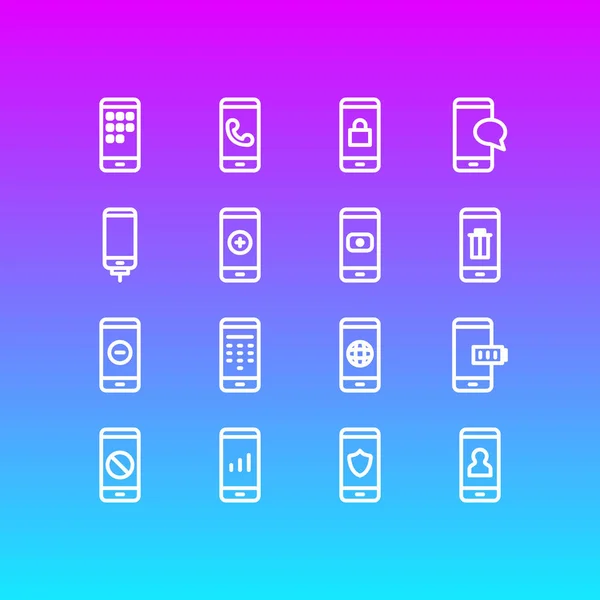 illustration of 16 telephone icons line style. Editable set of globe, charging, locked and other icon elements.