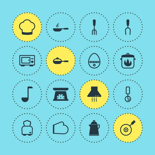 Ilustración de 16 iconos de la cocina. Conjunto editable de hervidor de agua, sartén caliente, campana de cocina y otros elementos del icono . —  Fotos de Stock