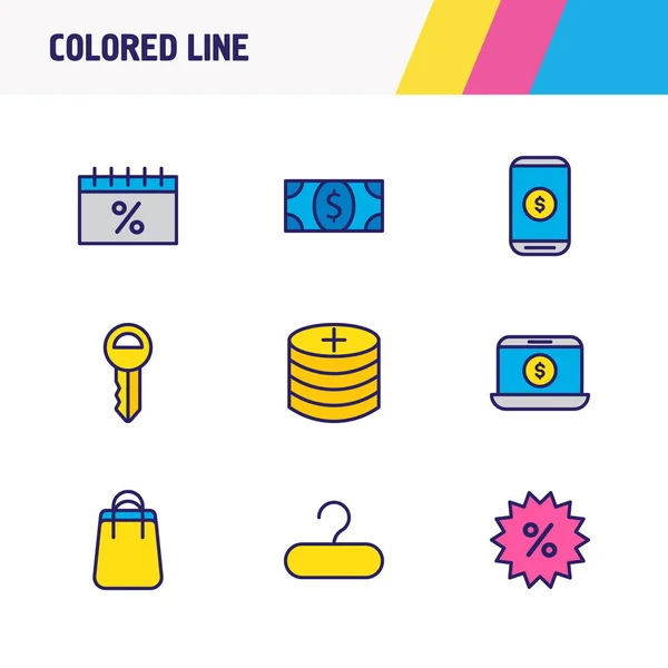 Illustrazione di 9 icone di commercio linea colorata. Set modificabile di elementi di pagamento mobile, vendite, denaro e altre icone . — Foto Stock