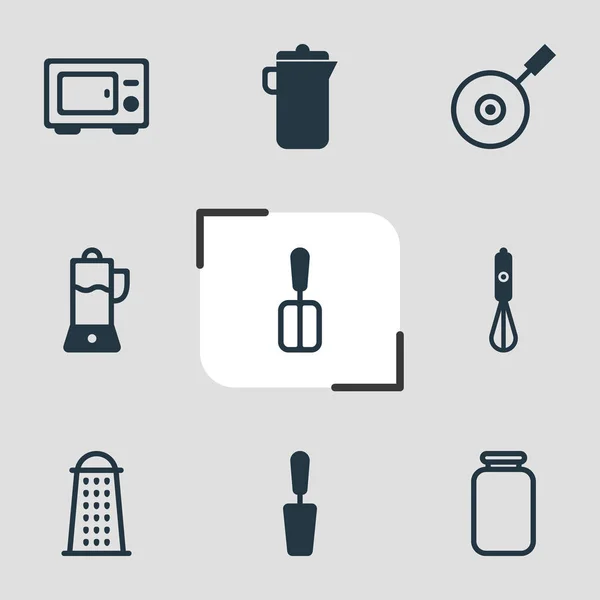 Иллюстрация 9 иконок кухонной утвари. Столовый набор соковыжималки, графина, блендера и других знаковых элементов . — стоковое фото