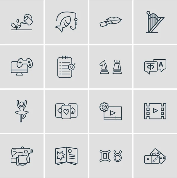 Illustration av 16 livsstil ikoner linjeformat. Redigerbara uppsättning harpa, spelkort, balett och andra ikonen element. — Stockfoto