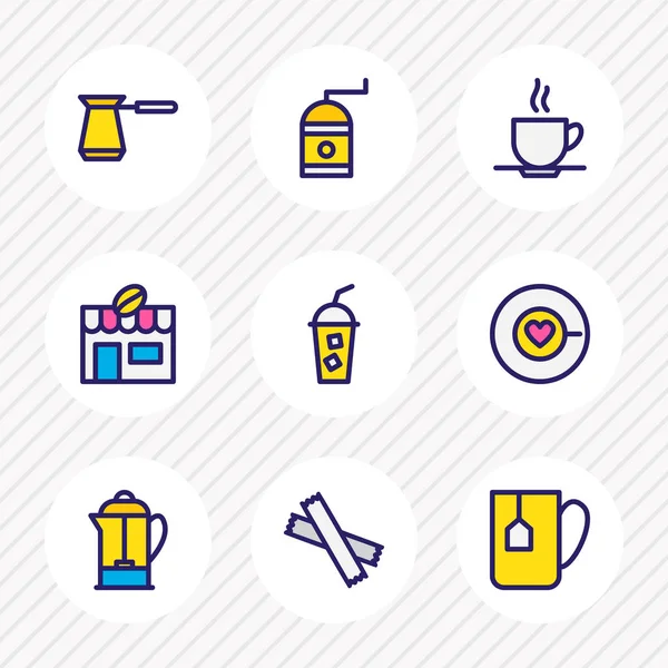 Ilustración de 9 iconos de la bebida línea de color. Conjunto editable de taza de café, molino de café, prensa francesa y otros elementos del icono . —  Fotos de Stock