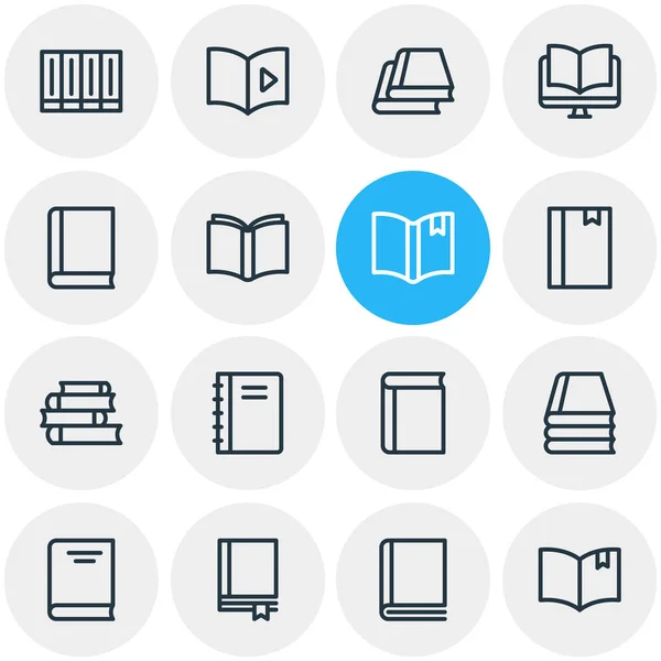 Illustration av 16 boka behandlingen ikoner linjeformat. Redigerbara uppsättning ebook, offentliggörande, lärobok och andra ikonen element. — Stockfoto