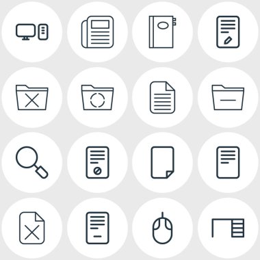 16 çalışma alanı simgeleri çizgi stili vektör Illustration. Düzenlenebilir küme kaldırma, bilgisayar, belge ve diğer simge öğeleri.
