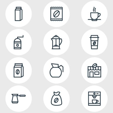 12 java simgeler çizgi stili vektör Illustration. Fransız basın, çuval, ot ve diğer simge öğeleri düzenlenebilir kümesi.