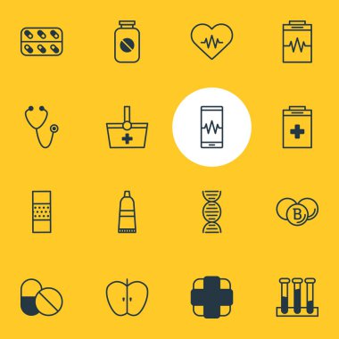 16 tıbbi simgeler çizgi stili vektör Illustration. Tıp, stetoskop, uyuşturucu ve diğer simge öğeleri düzenlenebilir kümesi.