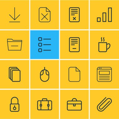 16 Bürosu simgeler çizgi stili vektör Illustration. Bilgisayar fare, kahve kupa, düzenlenebilir dizi eksi ve diğer simge öğeleri.