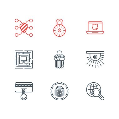9 koruma simgeler çizgi stili vektör Illustration. Güçlü parola, görüntü denetimi, güvenli erişim ve diğer simge öğeleri düzenlenebilir kümesi.