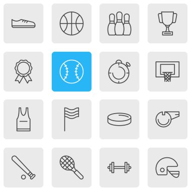 16 fitness simgeler çizgi stili vektör Illustration. Düzenlenebilir üniforma, vuruş, şampiyonluk ve diğer simge öğeleri kümesi.