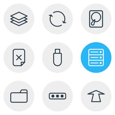 9 depolama simgeler çizgi stili vektör Illustration. Parola, bellek, itme ve diğer simge öğeleri düzenlenebilir kümesi.