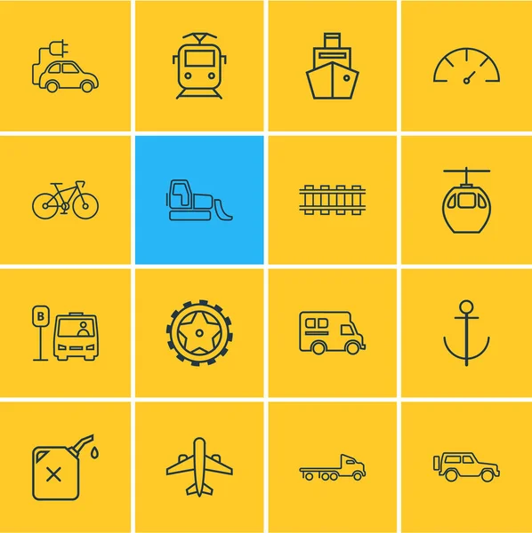 Vektoros illusztráció 16 közlekedési ikonok vonalstílust. Kerékpár, buldózer, gáz és egyéb ikon elemek szerkeszthető készlet. — Stock Vector