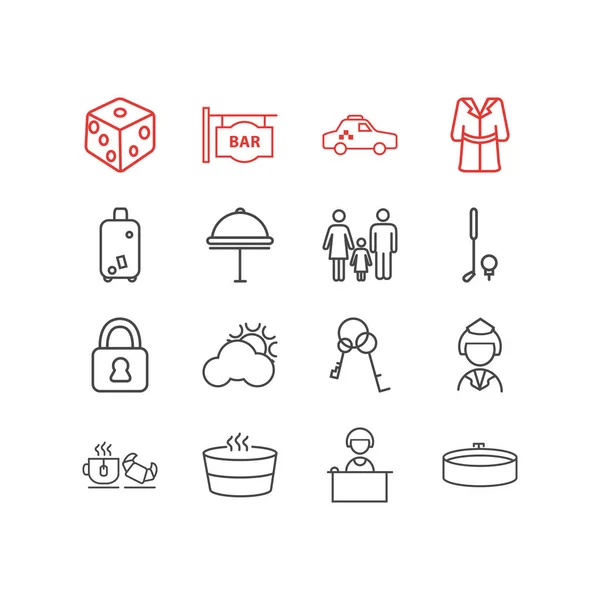 Ilustracja wektorowa 16 podróży ikony stylu linii. Można edytować zestaw dostawa do hotelu, szlafrok, sejf i inne elementy ikony. — Wektor stockowy