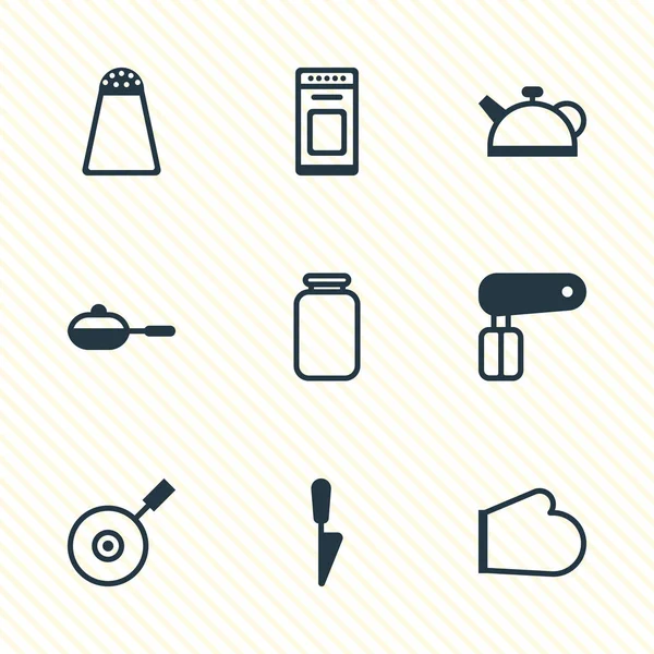 Illustrazione vettoriale di 9 icone di utensili da cucina. Set modificabile di padella, barattolo, guanto da cucina e altri elementi icona . — Vettoriale Stock