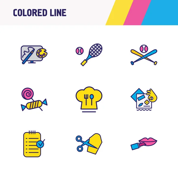 Illustration de 9 icônes de style de vie ligne colorée. Ensemble modifiable d'éléments d'icône de tennis, de couture, de bonbons . — Photo