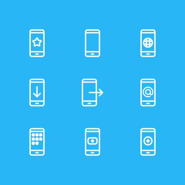 Ilustración de 9 iconos de teléfonos inteligentes estilo de línea. Conjunto editable de cámara, añadir, comunicación y otros elementos de icono . —  Fotos de Stock