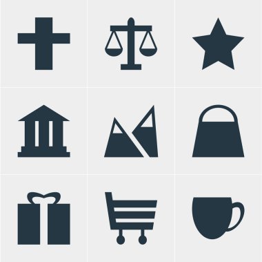 İade 9 simgeler vektör Illustration. Akademi, market, alışveriş çantası ve diğer simge öğeleri düzenlenebilir kümesi.