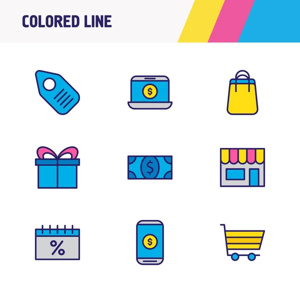 Ilustração vetorial de 9 ícones de negociação linha colorida. Conjunto editável de etiqueta de preço, pagamento móvel, saco de compras e outros elementos de ícone . — Vetor de Stock