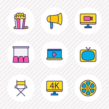 9 film simgelerini renkli çizgi gösterimi. Tv, film makaraları, 4 k çözünürlük ve diğer simge öğeleri düzenlenebilir kümesi.