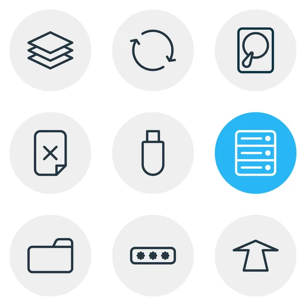 Ilustração de 9 ícones de armazenamento estilo de linha. Conjunto editável de senha, memória, push e outros elementos de ícone . — Fotografia de Stock