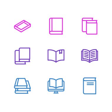 9 kitap simgeleri çizgi stili Illustration. Dergi, çalışma, kitapçı ve diğer simge öğeleri düzenlenebilir kümesi.