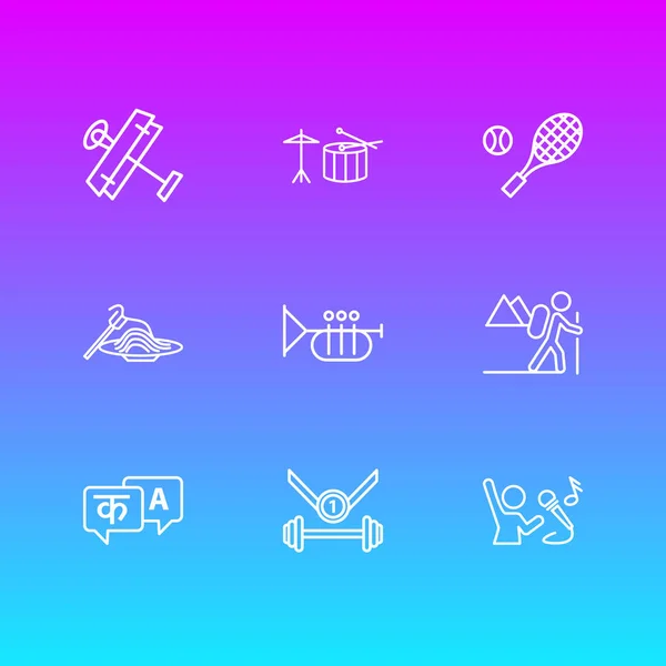 Ábra 9 tevékenységek ikonok vonalstílus. Szerkeszthető csoportja, túrázás, tészta, sport és egyéb ikon. — Stock Fotó