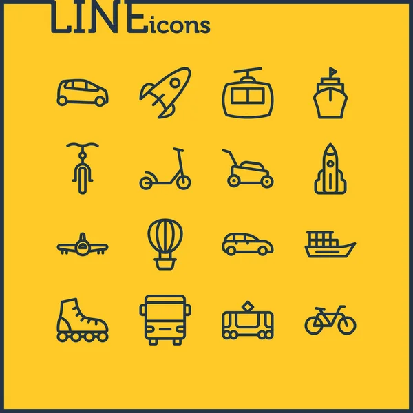 16 교통 아이콘 선 스타일의 그림입니다. 자전거, 전차, 선박 및 기타 아이콘 요소 편집 가능한 세트. — 스톡 사진