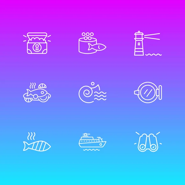 Ilustración de 9 iconos navales estilo de línea. Conjunto editable de faro, concha marina, ventana de la nave y otros elementos del icono . —  Fotos de Stock