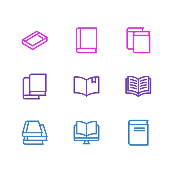 Illustration de 9 icônes de livre style ligne. Ensemble modifiable de magazines, d'études, de librairies et d'autres éléments d'icône . — Photo