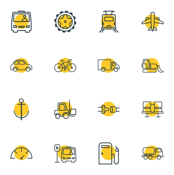 Иллюстрация стиля линии из 16 иконок транспорта. Редактируемый набор шин, бульдозеров, заправочных станций и других иконок . — стоковое фото
