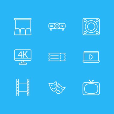 9 film simgeler çizgi stili vektör Illustration. Düzenlenebilir laptop, 4k film dizi tv, Bilet ve diğer simge öğeleri.