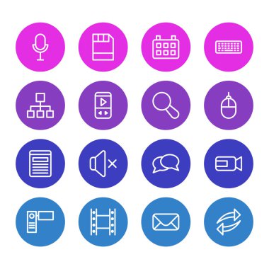 16 medya simgeleri çizgi stili vektör Illustration. Disket, mikrofon, yeniden yükle ve diğer simge öğeleri düzenlenebilir kümesi.