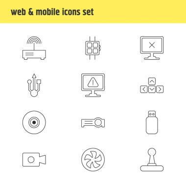 12 bilgisayar simgeleri çizgi stili vektör Illustration. Fan, modem, memory stick ve diğer simge öğeleri düzenlenebilir kümesi.