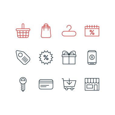 12 simgeleri çizgi stili ticaret vektör Illustration. Düzenlenebilir ödeme, eklemek, hediye ve diğer simge öğeleri.