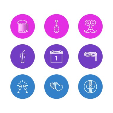 9 ziyafet simgeler çizgi stili vektör Illustration. Gitar, carnaval maskesi, bira ve diğer simge öğeleri düzenlenebilir kümesi.